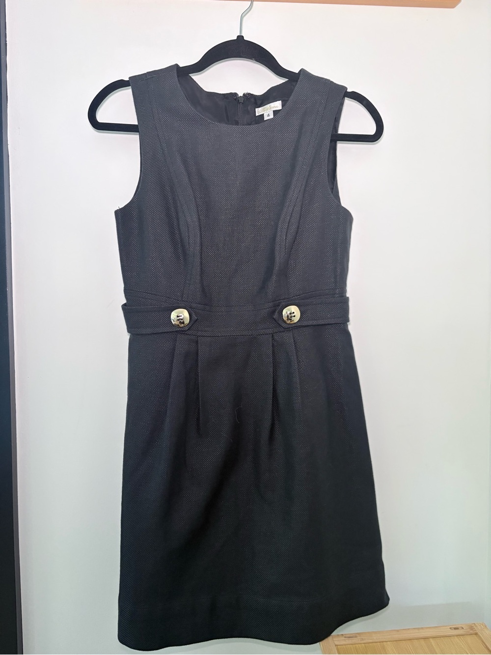 Shoshanna Slate Blue Textured A-Line Mini Dress Belted Gold Button Detail Size 4